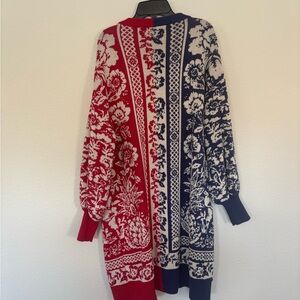 FARM Rio Red and Blue Cardigan Sweater with Intricate Patterns